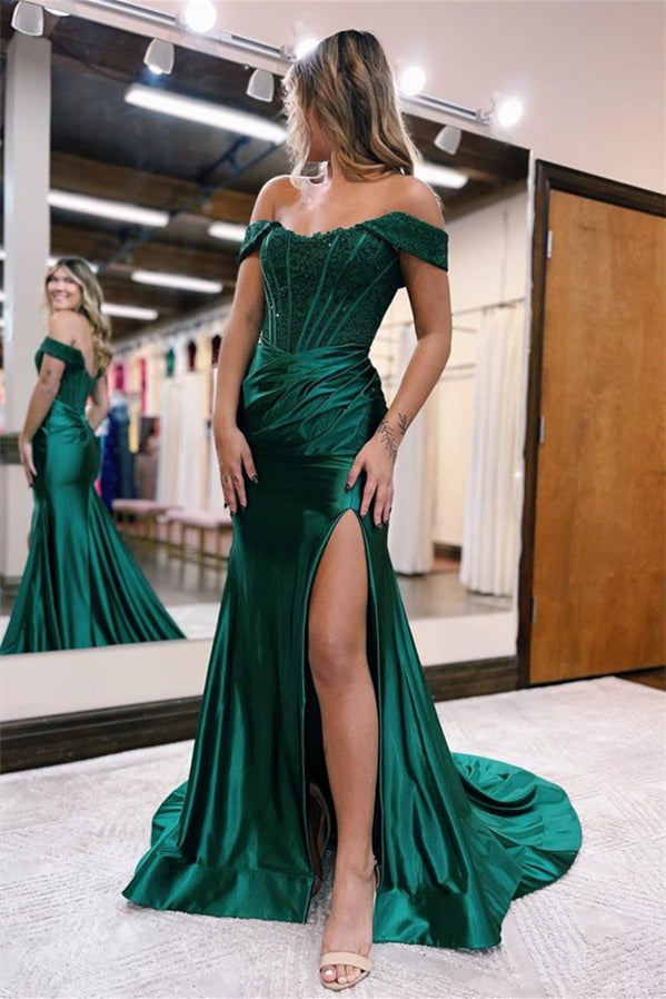 Green Off-The-Shoulder Mermaid Evening Dress with Split for Online Prom-ballbellauk