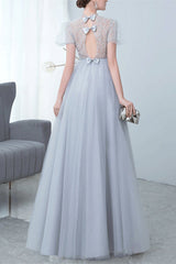 Grey Tulle Evening Dress with Bowknot and High Collar Appliques-ballbellauk