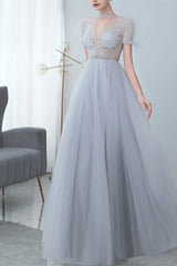 Grey Tulle Evening Dress with Bowknot and High Collar Appliques-ballbellauk