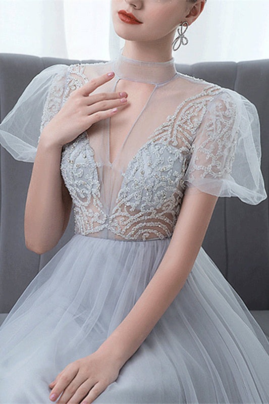 Grey Tulle Evening Dress with Bowknot and High Collar Appliques-ballbellauk