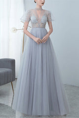 Grey Tulle Evening Dress with Bowknot and High Collar Appliques-ballbellauk