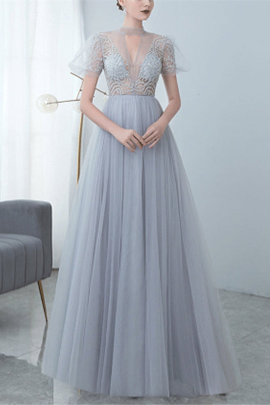 Grey Tulle Evening Dress with Bowknot and High Collar Appliques-ballbellauk