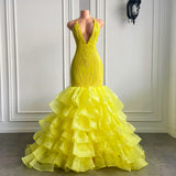 Halter Bright Yellow V Neck Mermaid Lace Prom Dress UK with Ruffle-ballbellauk