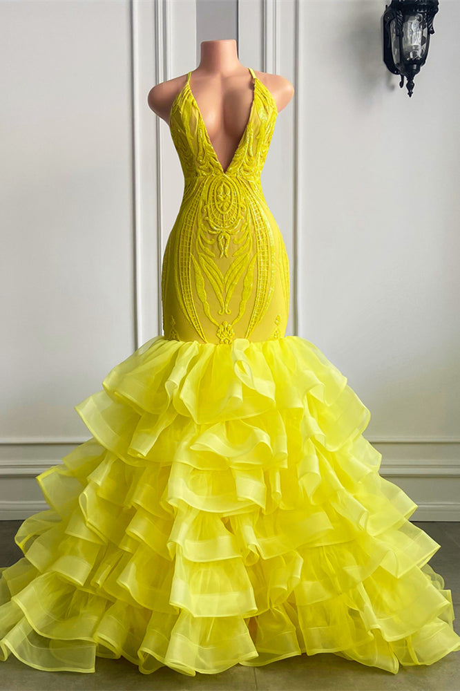 Halter Bright Yellow V Neck Mermaid Lace Prom Dress UK with Ruffle-ballbellauk