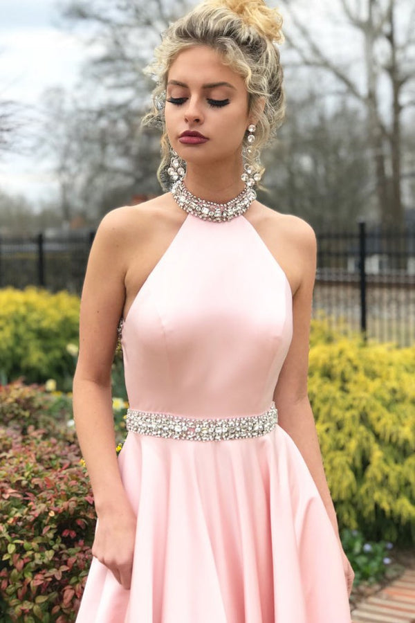 Halter Sleeveless Mermaid Prom Dress UK in Pink with Beads-ballbellauk