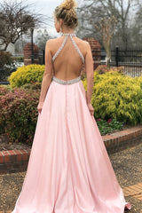 Halter Sleeveless Mermaid Prom Dress UK in Pink with Beads-ballbellauk