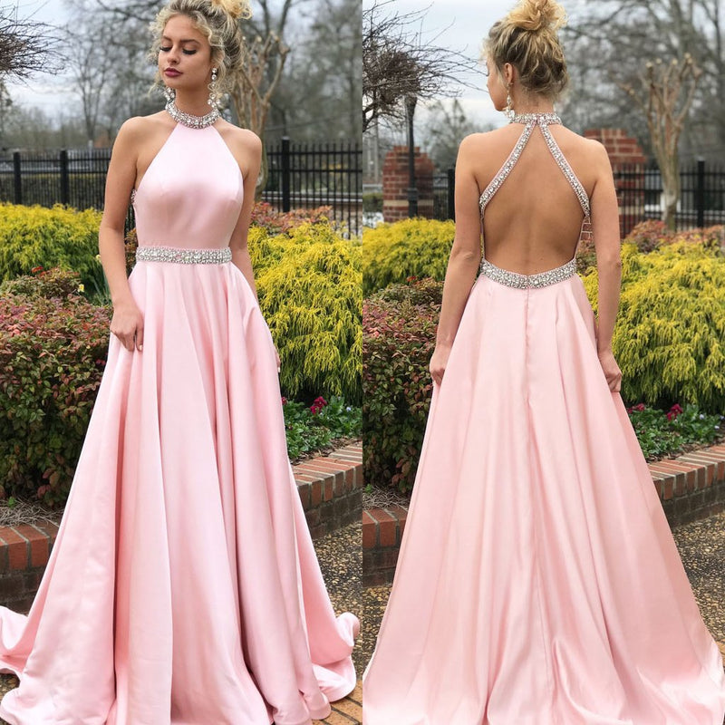 Halter Sleeveless Mermaid Prom Dress UK in Pink with Beads-ballbellauk