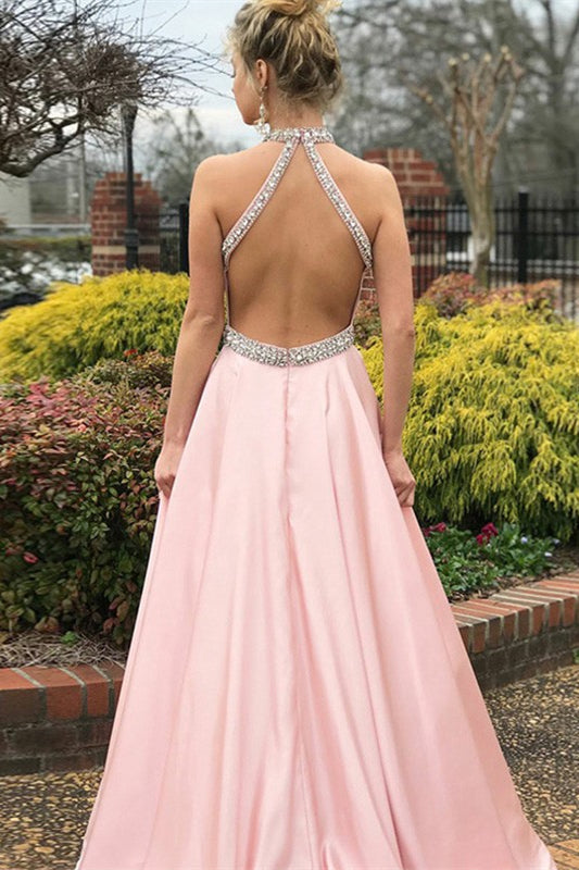 Halter Sleeveless Mermaid Prom Dress UK in Pink with Beads-ballbellauk