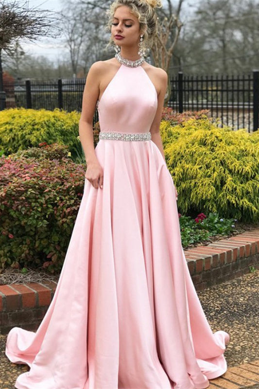 Halter Sleeveless Mermaid Prom Dress UK in Pink with Beads-ballbellauk