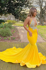 Halter V-Neck Mermaid Prom Dress UK with Yellow Applique-ballbellauk