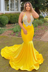 Halter V-Neck Mermaid Prom Dress UK with Yellow Applique-ballbellauk