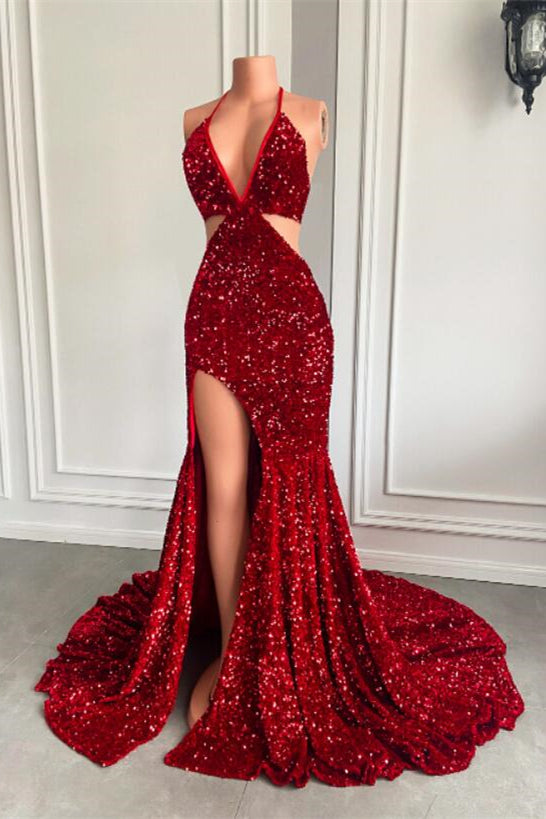 Halter Wine Red Sequins Mermaid Prom Dress UK With Split-ballbellauk