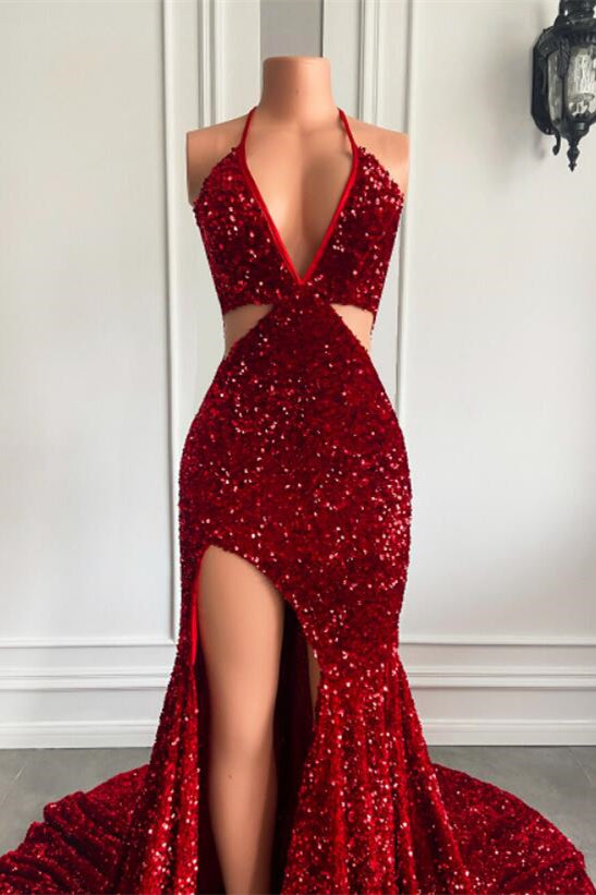 Halter Wine Red Sequins Mermaid Prom Dress UK With Split-ballbellauk