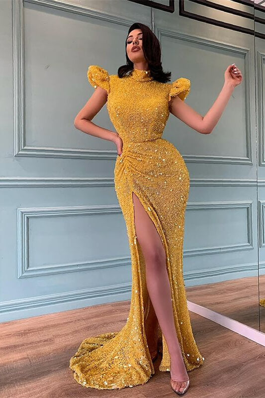 High Neck Beaded Yellow Mermaid Prom Dress UK with Split-ballbellauk