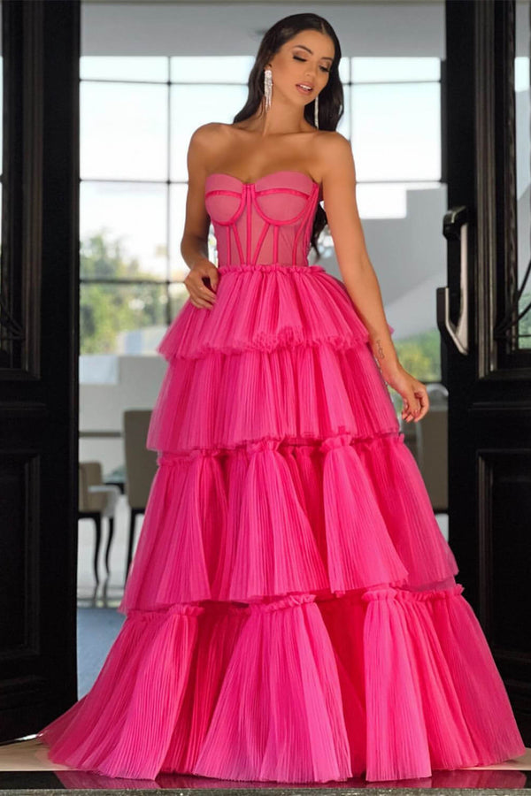 Hot Pink Elegant Sweetheart Prom Dress UK with Long Sleeves and Layers-ballbellauk