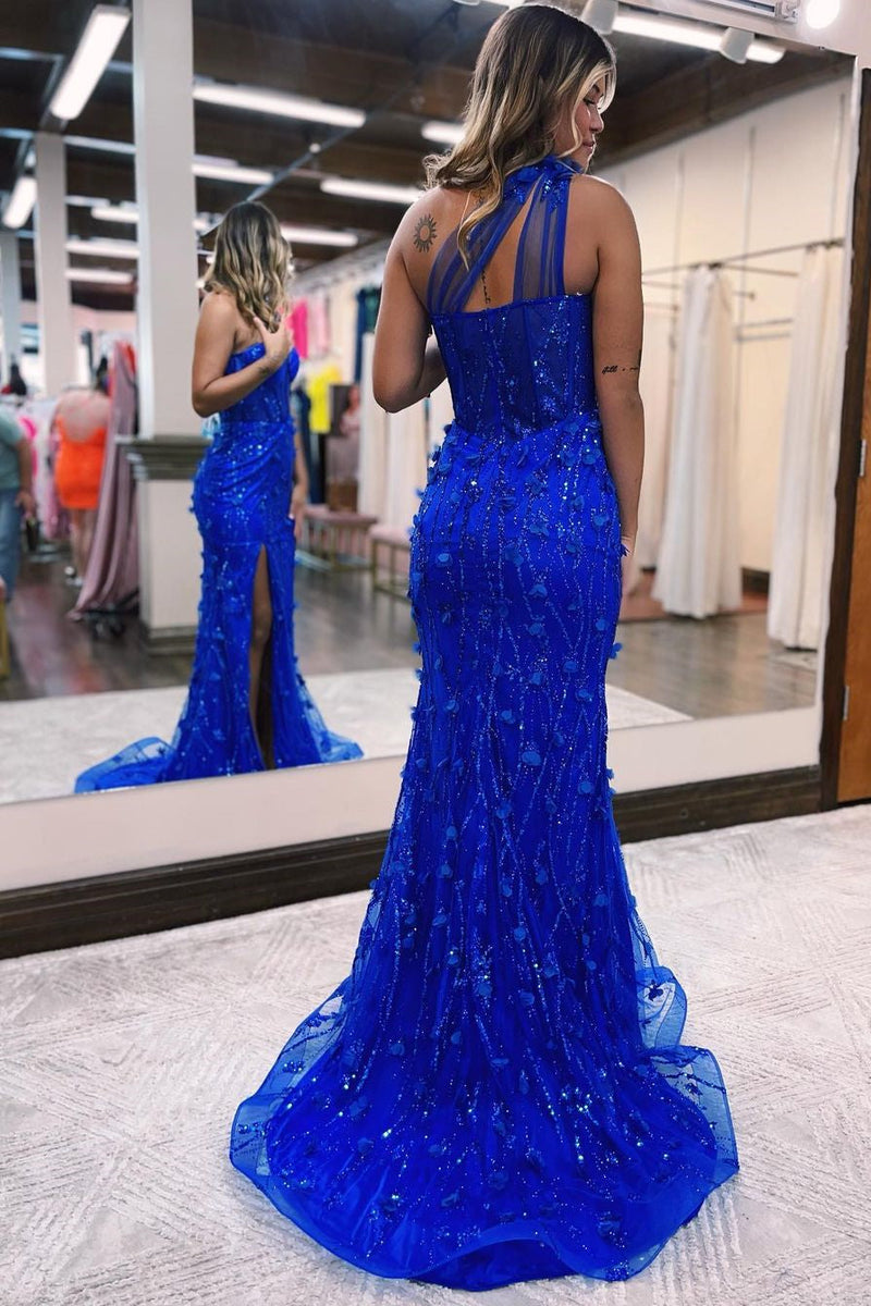 Klein Blue One Shoulder Mermaid Prom Dress UK with Flower Appliques-ballbellauk