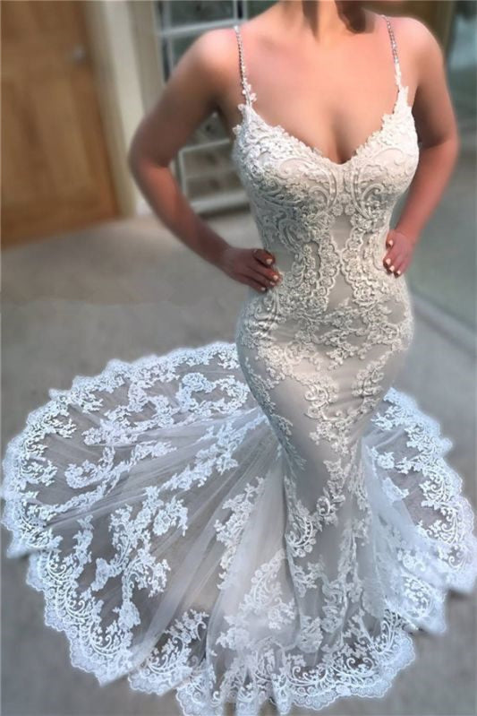 Lace Appliqued V-Neck Spaghetti-Straps Mermaid Long Wedding Dress UK-ballbellauk