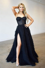 Lace Appliques Spaghetti-Straps Black Mermaid Evening Dress-ballbellauk