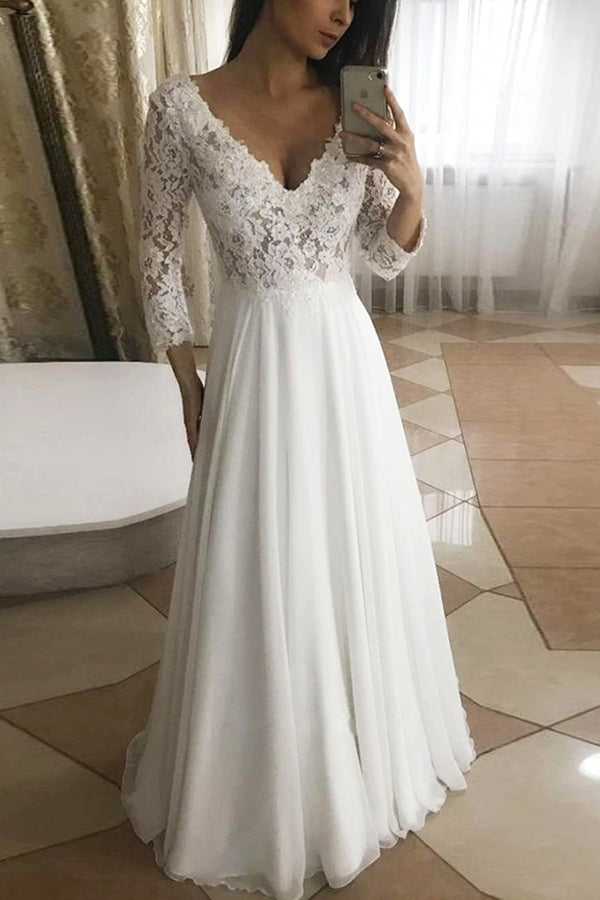 Lace-Detailed Long Sleeve V-neck A-line Wedding Dress UK-ballbellauk