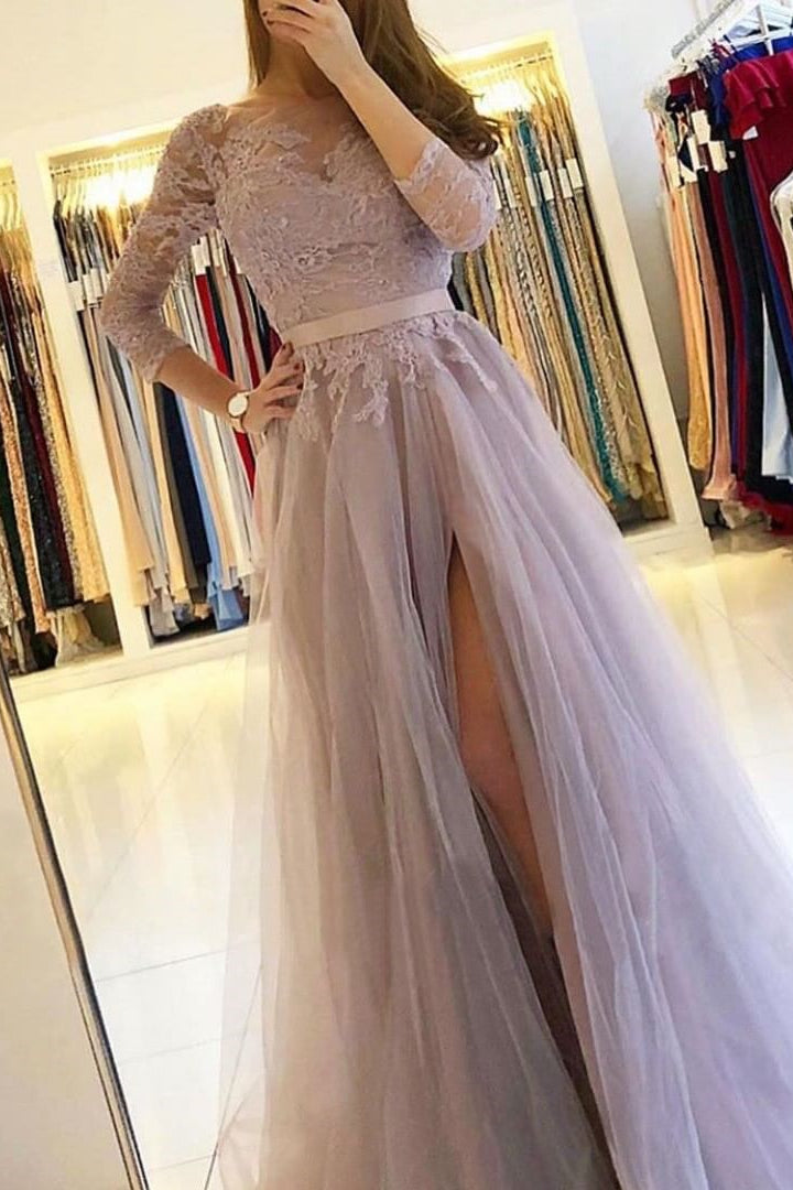 Lace Split A-Line Prom Dress UK with Long Sleeves-ballbellauk