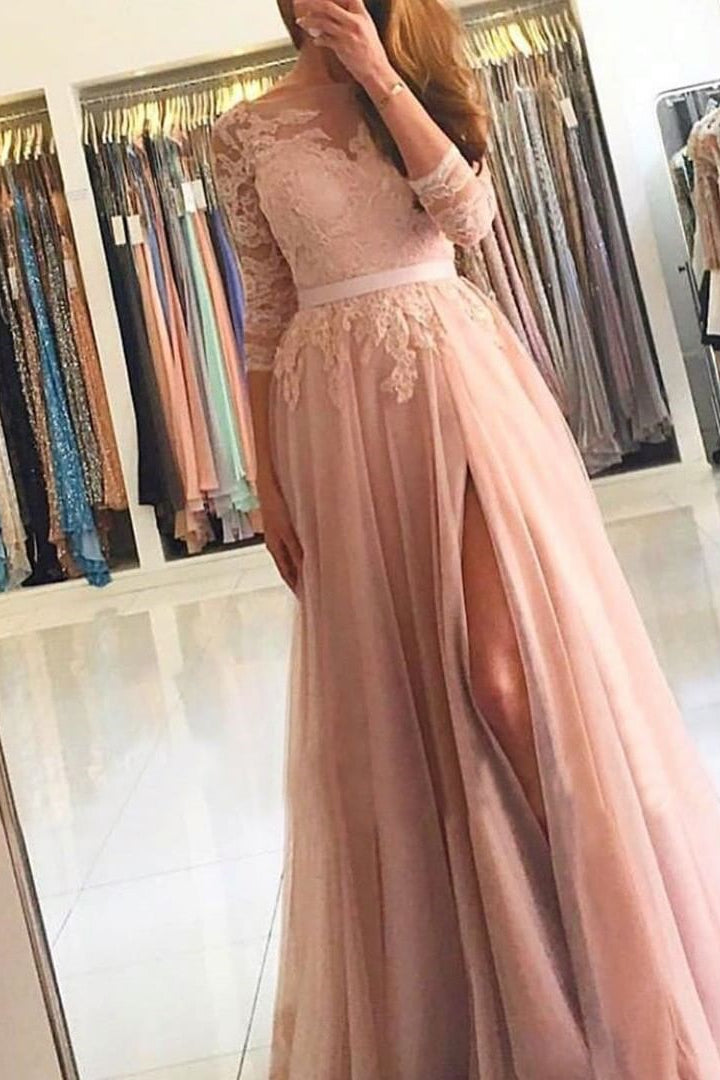 Lace Split A-Line Prom Dress UK with Long Sleeves-ballbellauk