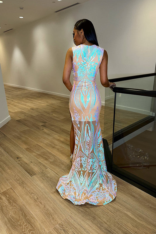 Laser Light Sleeveless Mermaid Princess Prom Dress UK with Split Trumpet Crew Neck-ballbellauk