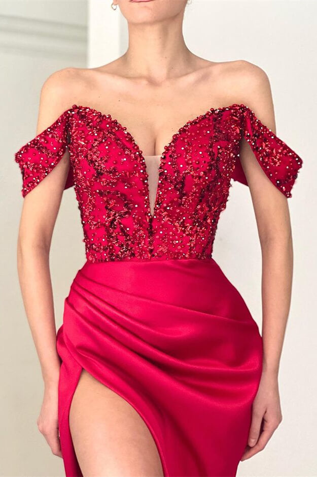 Latest Burgundy Mermaid Prom Dress UK with Off-The-Shoulder Deep V-Neck, Paillette Beadings, and Slit.-ballbellauk