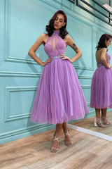 Lavender High Neck Short Prom Dress UK with Tulle-ballbellauk