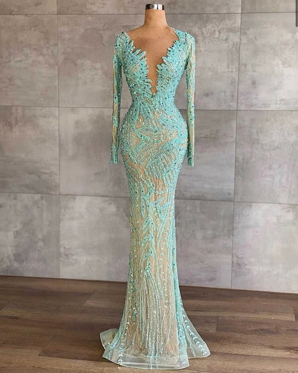 Light Blue Mermaid Beaded Tulle Prom Dress UK with Sequins and Long Sleeves-ballbellauk