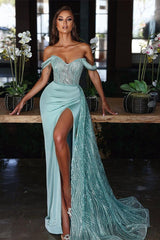 Light Blue Off-the-shoulder Mermaid Evening Dress with Sequins & Ruffles-ballbellauk