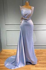 Light Blue One-Shoulder Sleeveless Mermaid Long Beads Prom Dress UK with Ruffles-ballbellauk