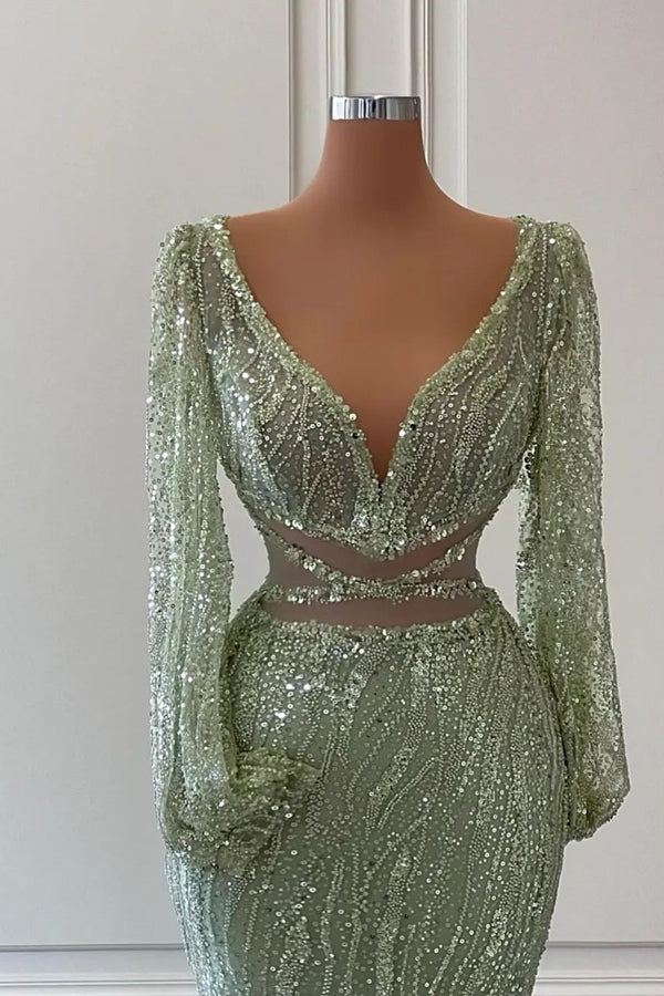 Light Green Long Sleeved V-Neck Mermaid Evening Dress with Sequins and Beads-ballbellauk