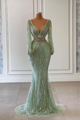 Light Green Long Sleeved V-Neck Mermaid Evening Dress with Sequins and Beads-ballbellauk