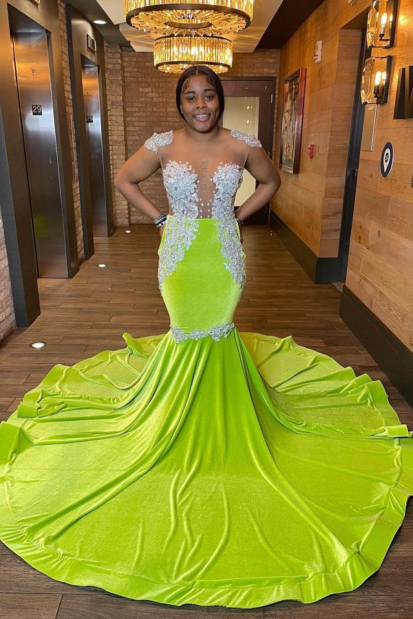 Light Green Mermaid Sleeveless Prom Dress UK with Beaded Appliques-ballbellauk