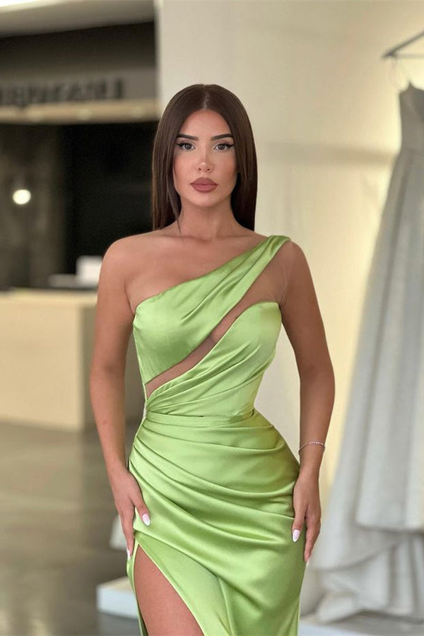 Light Green One-Shoulder Long Sleeveless Slit Evening Dress-ballbellauk