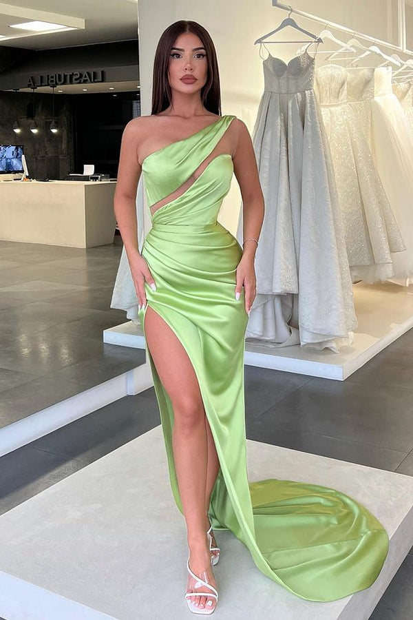 Light Green One-Shoulder Long Sleeveless Slit Evening Dress-ballbellauk