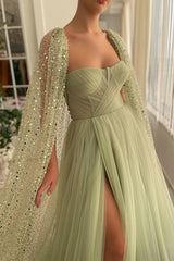 Light Green Sweetheart Tulle Split Prom Dress UK with Sage Sparkly Sequin Cape-ballbellauk