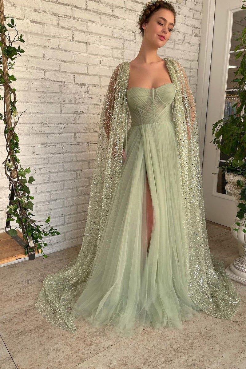 Light Green Sweetheart Tulle Split Prom Dress UK with Sage Sparkly Sequin Cape-ballbellauk