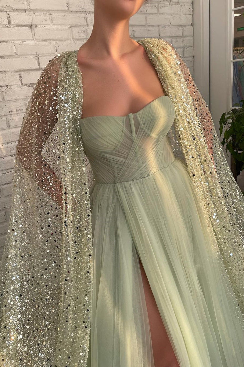 Light Green Sweetheart Tulle Split Prom Dress UK with Sage Sparkly Sequin Cape-ballbellauk