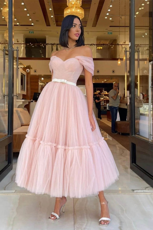 Light Pink Off-The-Shoulder Tulle Prom Dress UK With Belts Sweetheart-ballbellauk