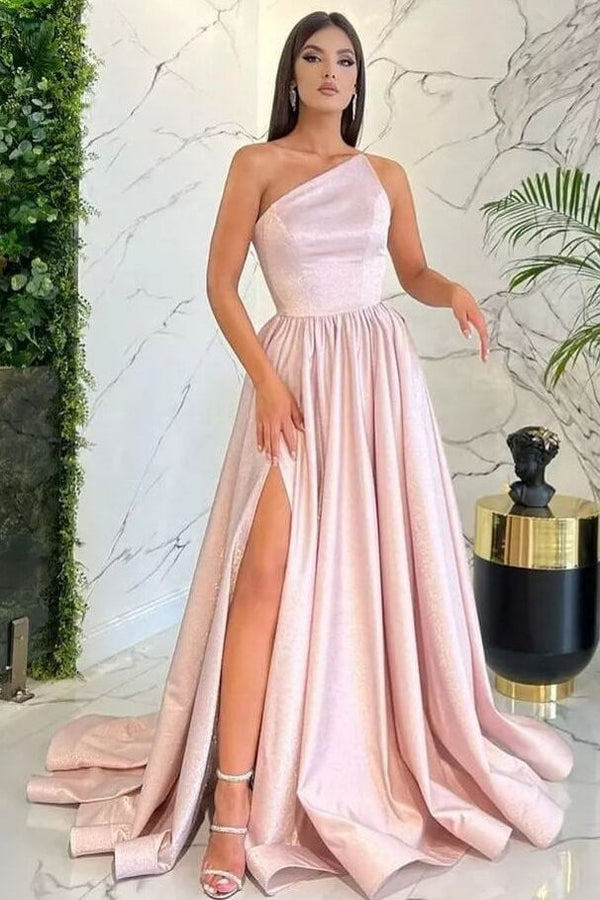 Light Pink One Shoulder Sleeveless Evening Dress with Split-ballbellauk