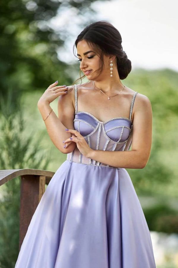 Lilac Evening Dress with Sleeveless Spaghetti Straps & Beads-ballbellauk