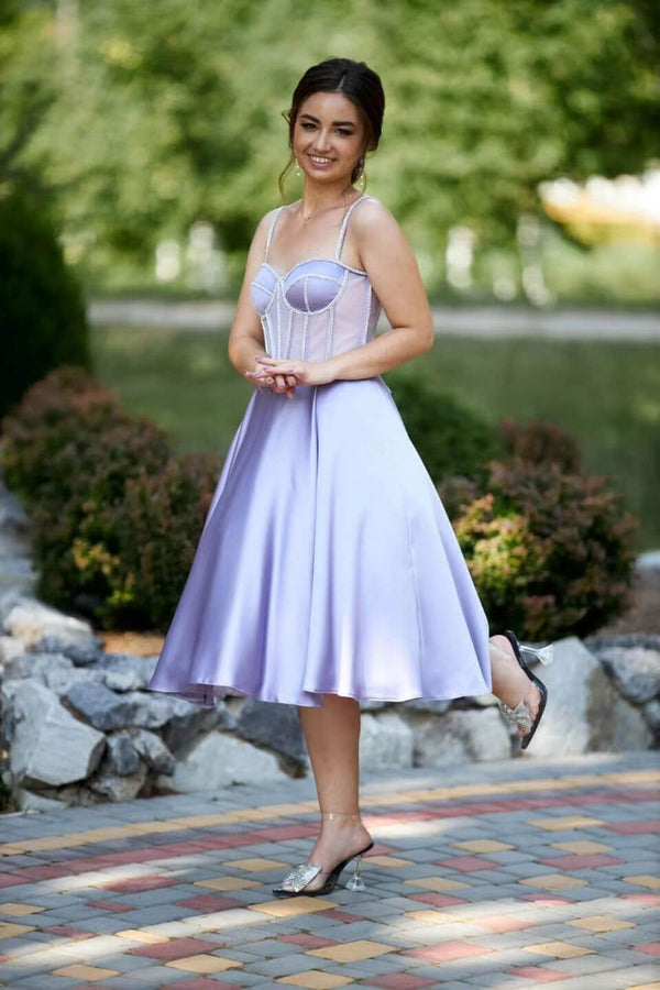 Lilac Evening Dress with Sleeveless Spaghetti Straps & Beads-ballbellauk