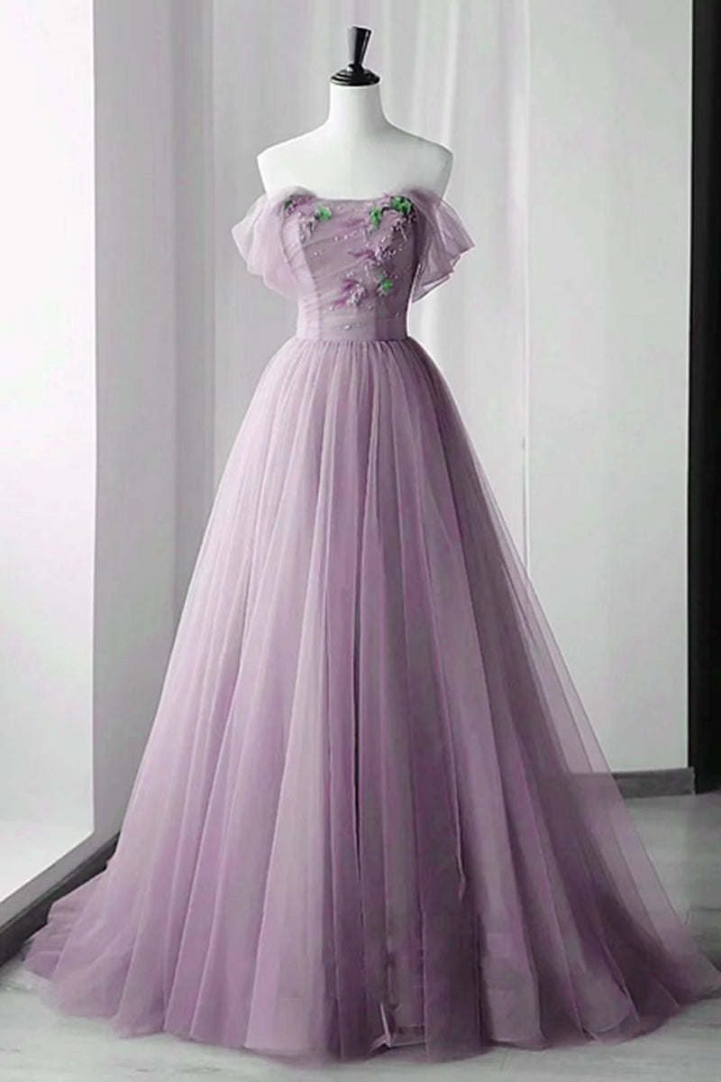 Lilac Off-The-Shoulder Evening Dress with Beadings and Appliques, Tulle Skirt-ballbellauk