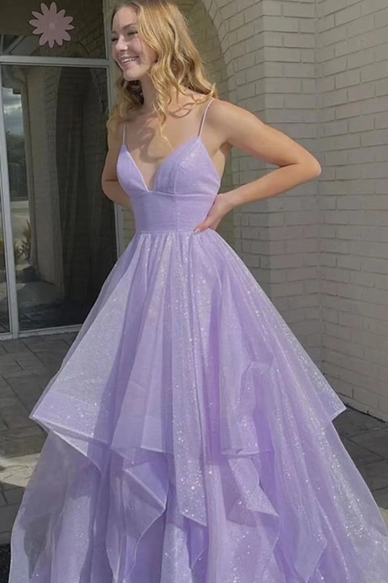 Lilac Spaghetti-Strap V-Neck A-Line Long Prom Dress UK with Tulle-ballbellauk