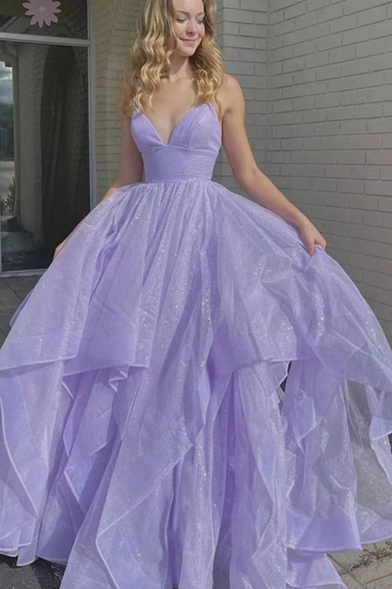 Lilac Spaghetti-Strap V-Neck A-Line Long Prom Dress UK with Tulle-ballbellauk