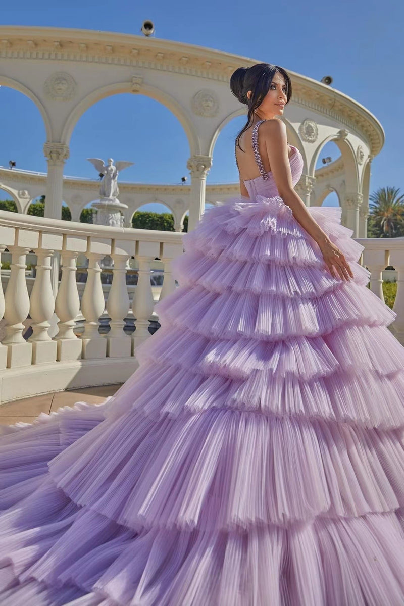 Lilac V-Neck Ball Gown with Beads and Tulle Layered Skirt-ballbellauk