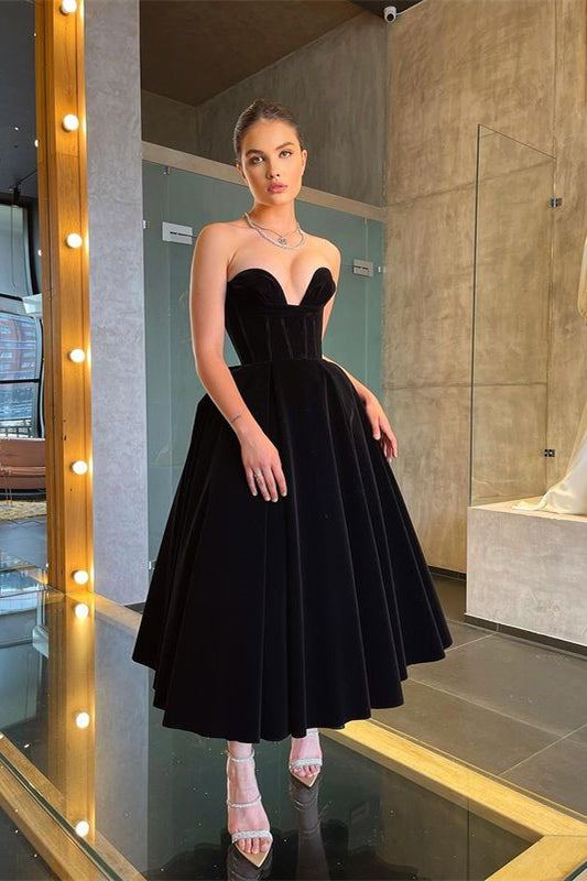 Long Black Tea-Length Prom Dress UK-ballbellauk