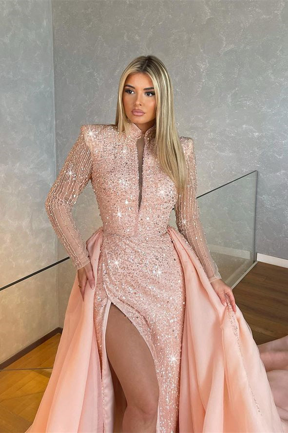 Long Sleeves High Collar Sequins Light Pink Mermaid Evening Dress With Split-ballbellauk