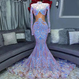 Long Sleeves High Neck Mermaid Prom Dress UK with Sequins Lace-ballbellauk